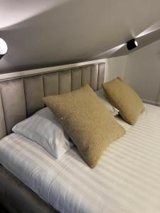 Una cama con dos almohadas encima. en Izabelės apartamentai, en Palanga