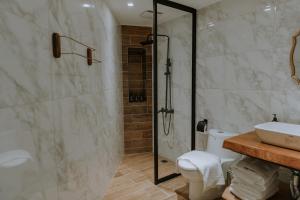 a bathroom with a shower and a toilet and a sink at Panju Homestay in Hualien City