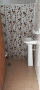 y baño con lavabo y ducha con cortina de ducha. en Alojamientos Litoral - Casa del Sol en Gualeguaychú