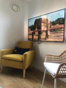 un salon avec une chaise jaune et une photo d'éléphant dans l'établissement T2 - Tram direct Strasbourg Centre Ville en 11 min - PARKING GRATUIT, à Schiltigheim