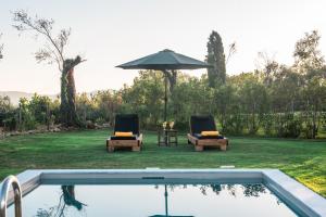 twee stoelen en een parasol naast een zwembad bij Villas EPTA KARPI Complex of 7 Luxury Villas in Skriperón