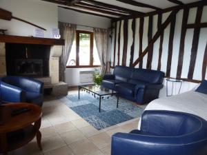 ein Wohnzimmer mit blauen Möbeln und einem Kamin in der Unterkunft Gîte du Domaine de Coutancie in Prigonrieux
