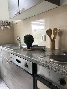 a kitchen with a sink and a counter top at City Pension Bremerhaven in Bremerhaven