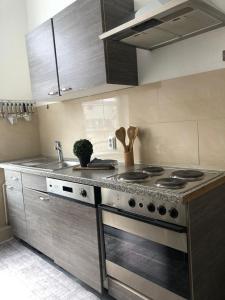 a kitchen with a stove and a sink at City Pension Bremerhaven in Bremerhaven