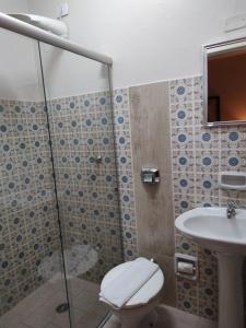 uma casa de banho com um chuveiro, um WC e um lavatório. em Casarão Hotel em Brotas