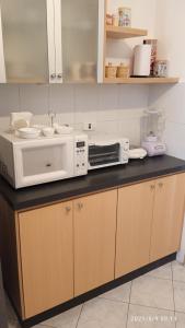 encimera de cocina con microondas y otros electrodomésticos en Hermosa casa compartida, estilo minimalista, en Quito