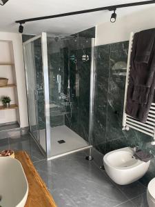 a bathroom with a shower and a toilet and a sink at Aurora Luxury Rooms Affittacamere in Naples