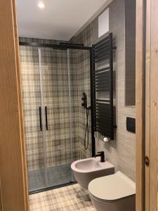 e bagno con doccia, servizi igienici e lavandino. di Des Alpes C Flat 11 a Madonna di Campiglio