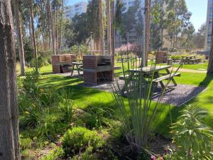 a park with a picnic table and benches in the grass at Nuevo departamento algarrobo in Algarrobo