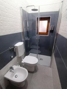 a bathroom with a toilet and a shower and a sink at Due finestre sul cortile in Novi Ligure +8 photos