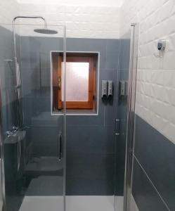 baño con ducha y puerta de cristal en Due finestre sul cortile, en Novi Ligure