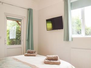 a bedroom with a bed with a tv on the wall at The Lodge At Forbury Cottage in Kimbolton