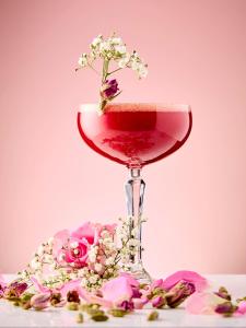 a martini glass filled with pink liquid and flowers at The Chester Hotel in Aberdeen
