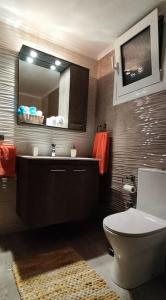 a bathroom with a toilet and a sink and a mirror at Modern apartment in Itea in Itea