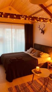 een slaapkamer met een bed, een tafel en verlichting bij Bed and Breakfast Heerenveen Centrum met Privé Sauna en Jacuzzi in Heerenveen