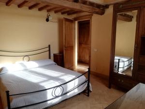 een slaapkamer met een bed en een spiegel bij Podere Sant'Antonio in Buonconvento