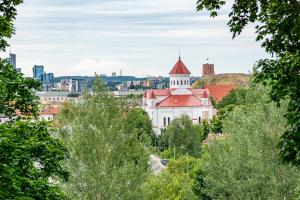 une vue sur la ville avec un bâtiment blanc doté d'un toit rouge dans l'établissement Subačiaus studio in OLD TOWN, à Vilnius