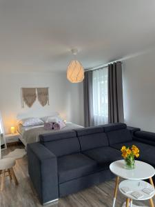 een woonkamer met een blauwe bank en een bed bij Apartament u Gogoca II in Tylicz