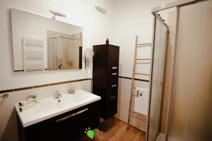 La salle de bains est pourvue d'un lavabo, d'un miroir et d'une douche. dans l'établissement Apuja - Apulian Experience, à Bari