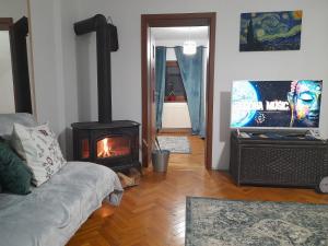 - un salon avec une cheminée et un canapé dans l'établissement La Rossa, à Braşov