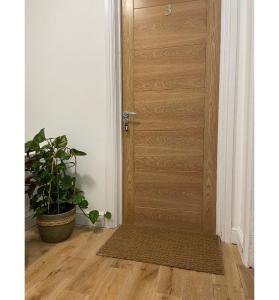 a wooden door with a potted plant in a room at Newly built modern flat at London Gants Hill Station near Ilford in Wanstead
