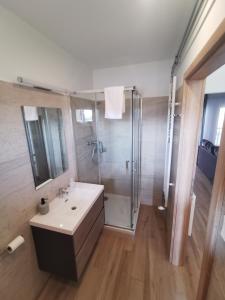 a bathroom with a shower and a sink at Breier Farm - Tanya Panzió in Pomáz