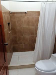 a bathroom with a shower with a toilet and a shower curtain at Sol de la India - Pueblo Nuevo in Pueblo Nuevo