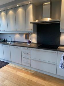 a kitchen with white cabinets and a stove top oven at Beautiful 3 bedroom Apartment in Antwerp