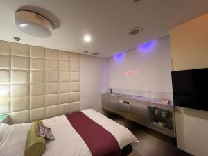 Habitación de hotel con cama y TV en 旭川ホテルカラーズ-大人専用 en Asahikawa