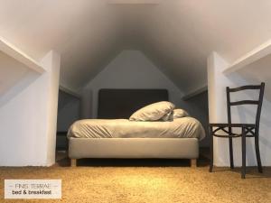 een bed met een kussen en een stoel op zolder bij Appartement aan Puyenbroeck in Wachtebeke