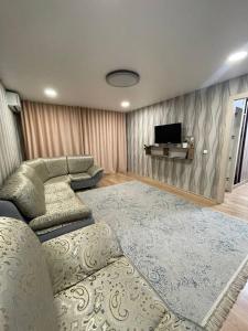 ein Wohnzimmer mit einem Sofa und einem TV in der Unterkunft Apartment on Krasina-Abay street in Öskemen