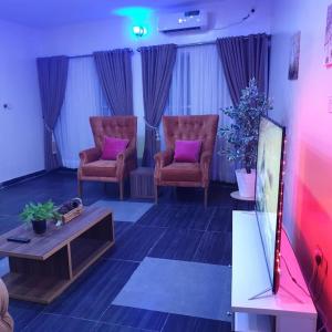 uma sala de estar com 2 cadeiras e almofadas roxas em ORCHID House Stylish 3BDR Terrace Duplex Free WiFi DSTV em Lekki