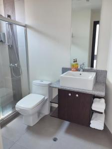 y baño con aseo, lavabo y ducha. en Confort suite whit view, en Quito