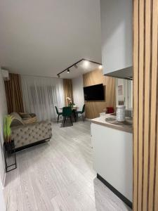 a room with a kitchen and a living room with a couch at Oxana Apartments - 3 camere - Timisoara in Timişoara