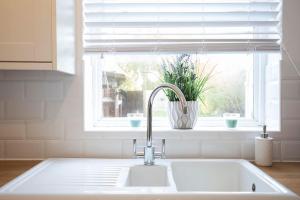 un lavandino da cucina di fronte a una finestra con una pianta di 3 Bed House/Garden/Wi-Fi/Parking/Central Location a Stoughton