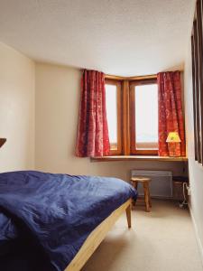 Un dormitorio con una cama azul y una ventana en Appartement La Tania, en Courchevel