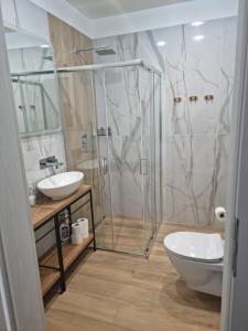ein Bad mit einer Dusche, einem WC und einem Waschbecken in der Unterkunft Apartament Oporowska 22A in Kutno