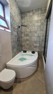 a bathroom with a toilet and a bath tub with a sink at Nino's Cosy Apartment in Kutaisi