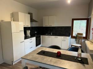 eine Küche mit einem weißen Kühlschrank und einem Tisch in der Unterkunft Nina Apartments in Mühlhausen