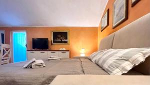 una camera con un grande letto e una TV di La Ninfea di Luca a due passi da Sirmione a San Martino della Battaglia