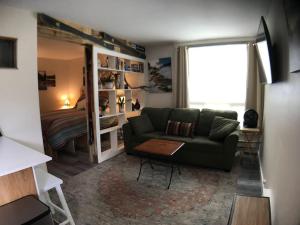 a living room with a green couch and a bed at Sporty Mountain & Lake View 3rd Floor Studio in Big Sky