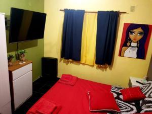 een slaapkamer met een rood bed en een schilderij aan de muur bij Departamento moderno x día in Neuquén