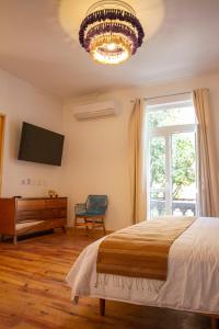 墨西哥城的住宿－NaNa Vida CDMX，一间卧室设有一张床、一个窗户和一个吊灯。