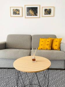 a living room with a couch and a coffee table at T2 avec parking - entièrement climatisé - Chez Élo in Schœlcher