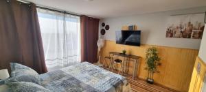 a bedroom with a bed and a tv on the wall at Santiago Centro - Zenteno in Santiago