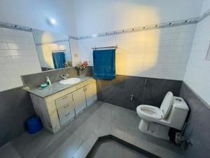 a bathroom with a toilet and a sink and a mirror at The Choudhury Manor Homestay in Guwahati