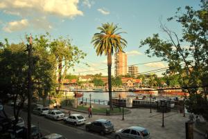 a group of cars parked next to a river with a palm tree at Tigre Apartment in Tigre