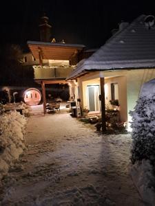 ein Haus in der Nacht mit Schnee auf dem Boden in der Unterkunft Appartement New York in Predlitz