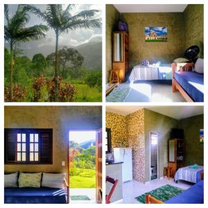 three pictures of a hotel room with beds and a palm tree at Flats vista bela com vista da montanha in Paraty