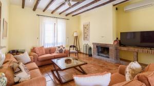 ein Wohnzimmer mit Sofas, einem TV und einem Kamin in der Unterkunft Casa Rural Aire Fuente de Piedra by Ruralidays in Fuente de Piedra